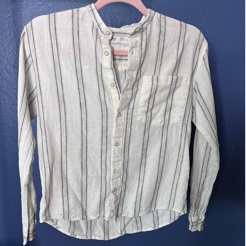 Zara Cream White Gray Striped Linen Blend Button Front Shirt Long Sleeve Size 10